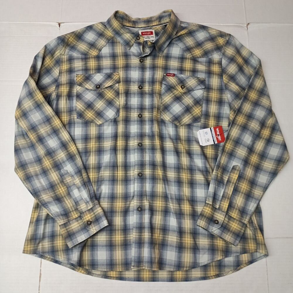 Wrangler Cowboy Wash Shirt Men's Size 2XL XXL Sky Blue Yellow Plaid LS Button Up